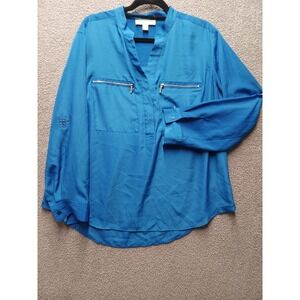 Michael Kors Women 16 Blue Zip Pocket‎ Blouse Roll Tab Office Casual